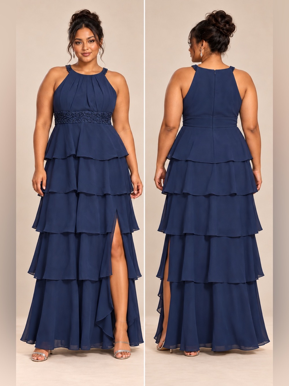 R&M Richards Dress Womens 18 Navy Beaded Tiered Halter Slit Formal Evening Gown